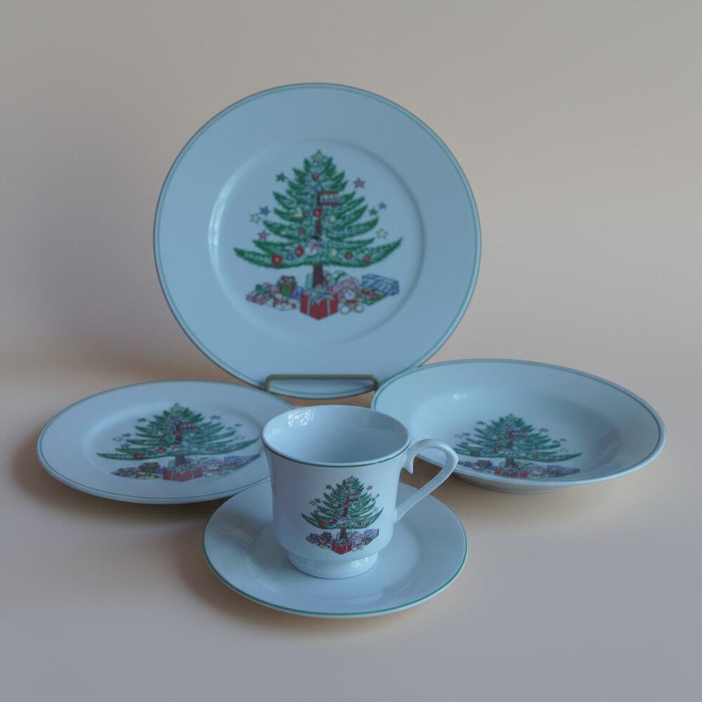 Gibson Christmas Tree 5 Pc Place Setting Dinnerware Set Holiday China VTG